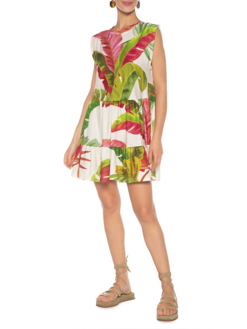 FARM RIO Tiered Tropical Leaf Print Sleeveless Mini Dress (129)